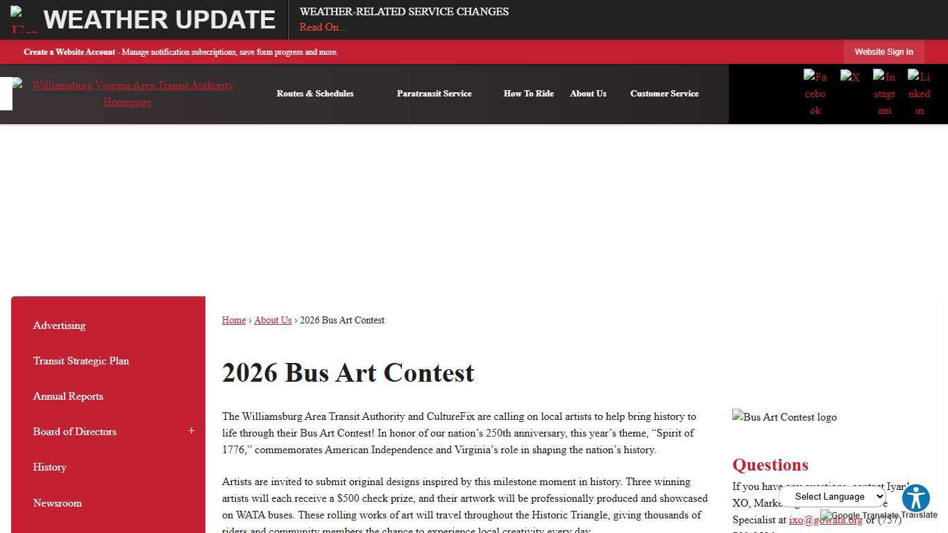 2026 Bus Art Contest Williamsburg Area Transit Authority, VA
